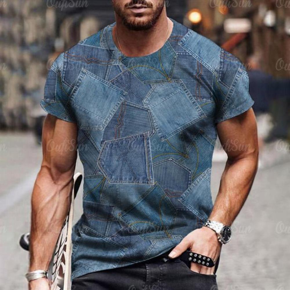 2026 New Trendy Denim Graphic Stitching Short Sleeve T-shirt Casual Loose Men's Short Sleeve Tee Oversized T Shirts For Man