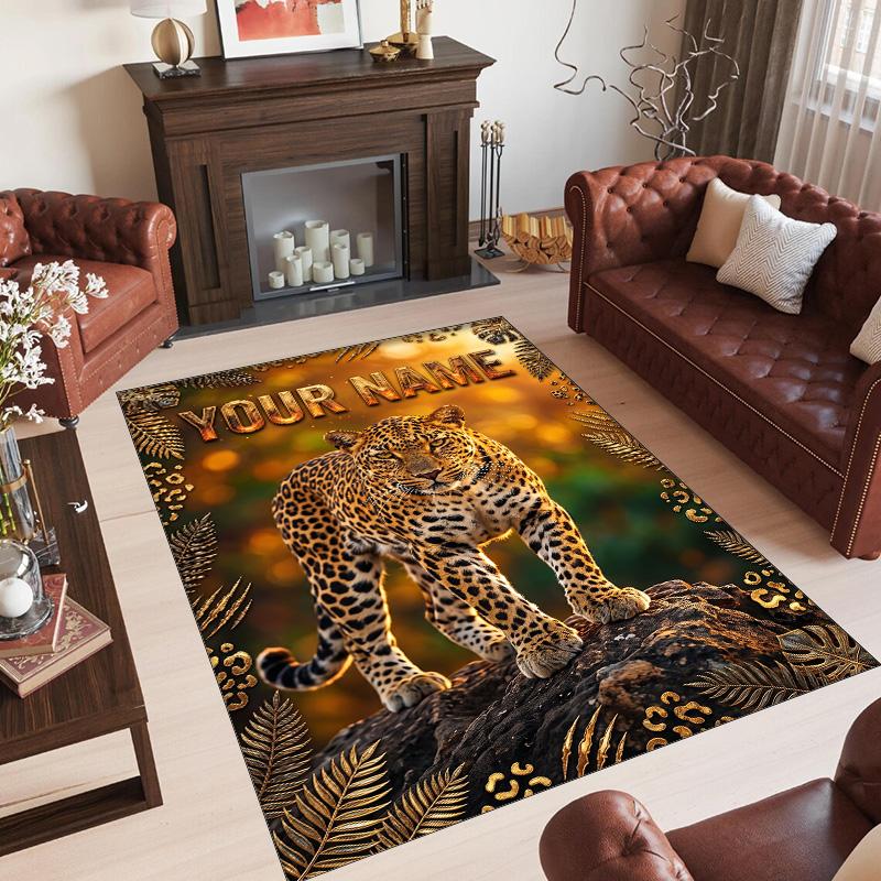 Lion Tiger Theme Crystal Velvet Rug Personalized Custom Name Text Soft Floor Mat Home Decor