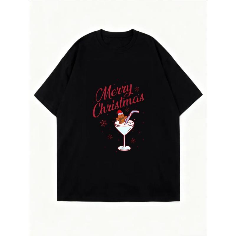 Christmas T Shirt White Merry Christmas Cocktail And Gingerbread Man Print Casual Wear For Holiday Season