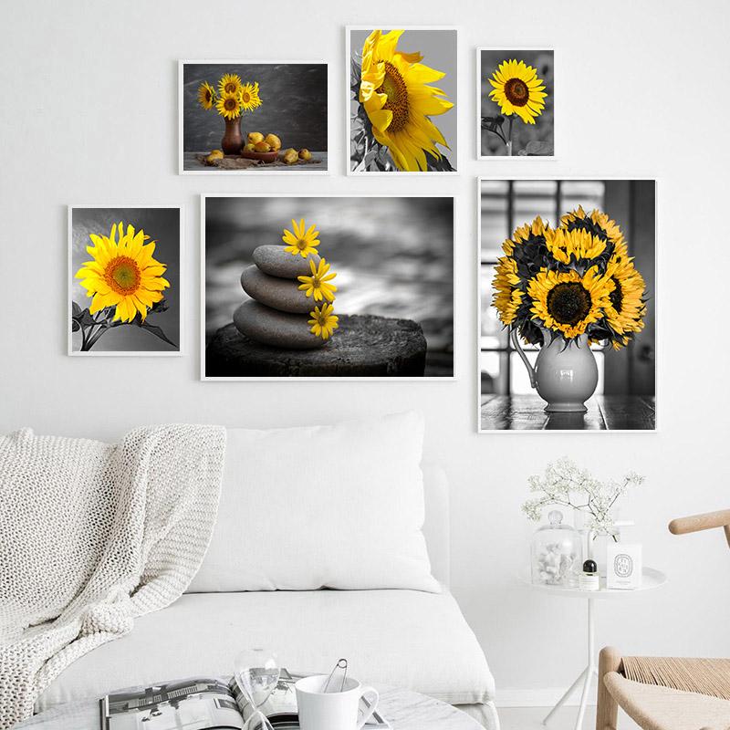 Graue Serie von Pflanzenblumen, dekoratives Gemälde, Sonnenblumen-Ölgemälde, Poster, Sofa, Wandhintergrund, Kunst, Leinwand, hängendes Gemälde