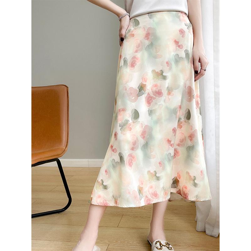 Acetate Satin Skirt for Women In Summertime New Temperament Printed Mid-length Skirt with Drooping High Waist French A-line Skirt