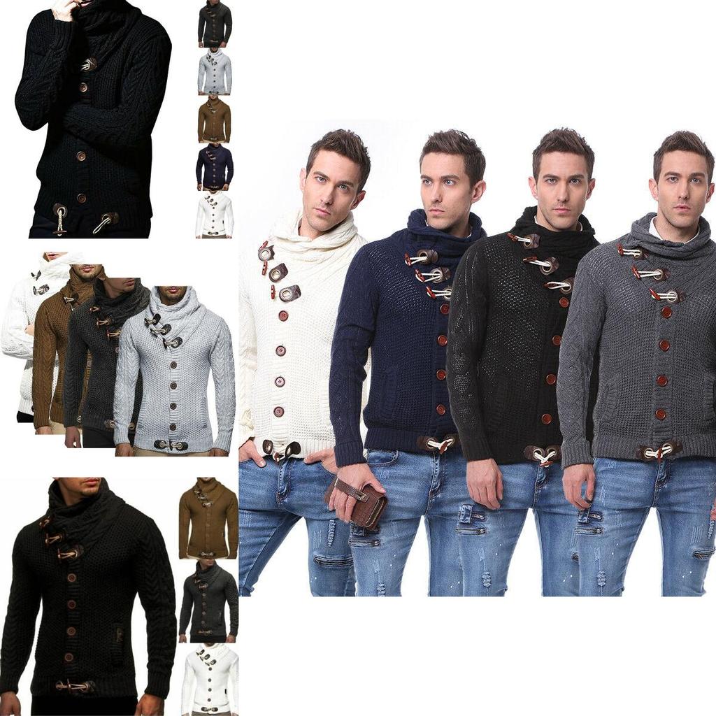 Elegant Men Long Sleeve Knitted Sweater With Horn Buttons And Turtleneck Coat Cardigan