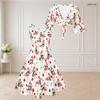 Women Plus Size Two Piece Midi Dress Set V Neck Half Sleeve Christmas Print White