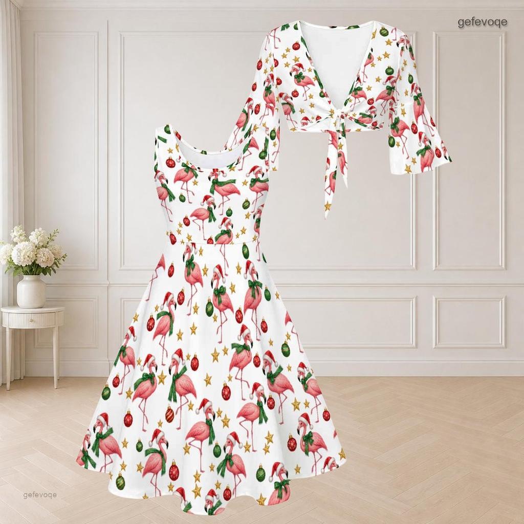 Women Plus Size Two Piece Midi Dress Set V Neck Half Sleeve Christmas Print White