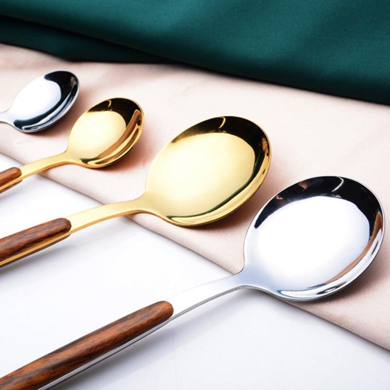 Retro Wooden Handle Stainless Steel Dinnerware Gold-Plateing Elegant Western Food Fork Spoon Knife Tableware