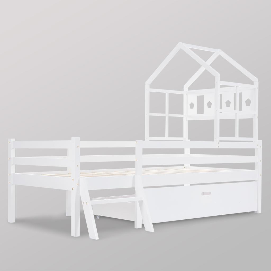 House Bed Children's Bed with Ladder and Drawers, incl. Slatted Frame, Solid Wood Loft Bed with Fall Protection 90x200cm White (without Mattress)