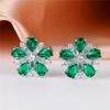 Female Crystal Green Stone Flower Stud Earrings Vintage Silver Color Wedding  For Women