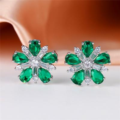 Pendientes de botón de flor con piedra verde cristal vintage color plata para boda para mujer