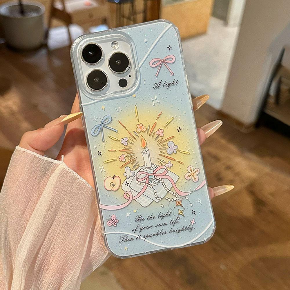 

Новая свеча с крупным отверстием, с блестками, розовая, голубая, свежая и подходящая для чехла для мобильного телефона Apple 16, защитный чехол 15PROMAX, корейский 14 Apple 12