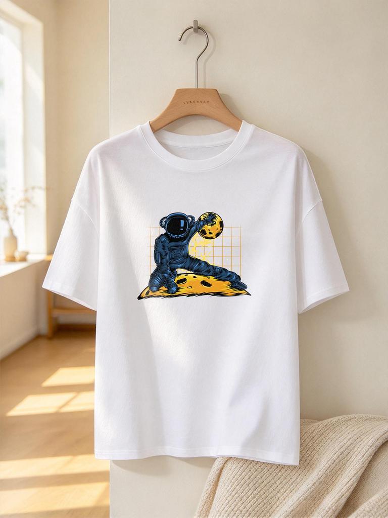 Casual Astronaut Print Soft Unisex Fashion Street Daily Top Tee