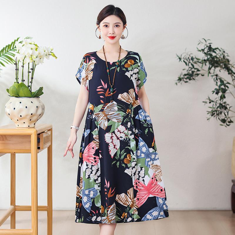 New cotton and silk dress summer large size loose fat mother covering belly and looking thin casual floral long skirt