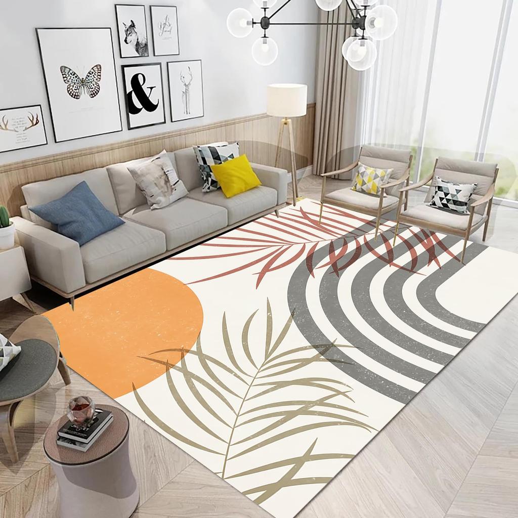 Boho Mid Century Style Area Rug Modern Plant Leaves Carpet Non Slip Abstract Art Floor Mat for Living Room Bathroom Office Decor