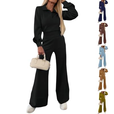 Women's Fashion Casual Home Solid Color Lapel Long Sleeve Top Elastic Wide Leg Pants Two-Piece Set