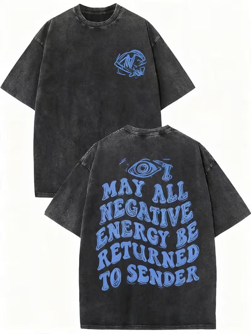 

Blue Evil Eye Negative Energy Quote Letter Graphic TShirt retro Washed Crew Neck Casual Short Sleeve Daily Street Style Top S