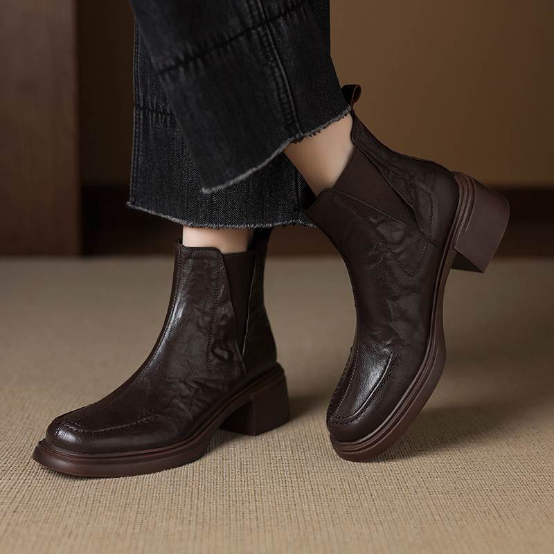 Krazing Pot Sheepskin Round Toe Thick Heels Chelsea Boots Size 42 High Quality Women Keep Warm Ankle Boots