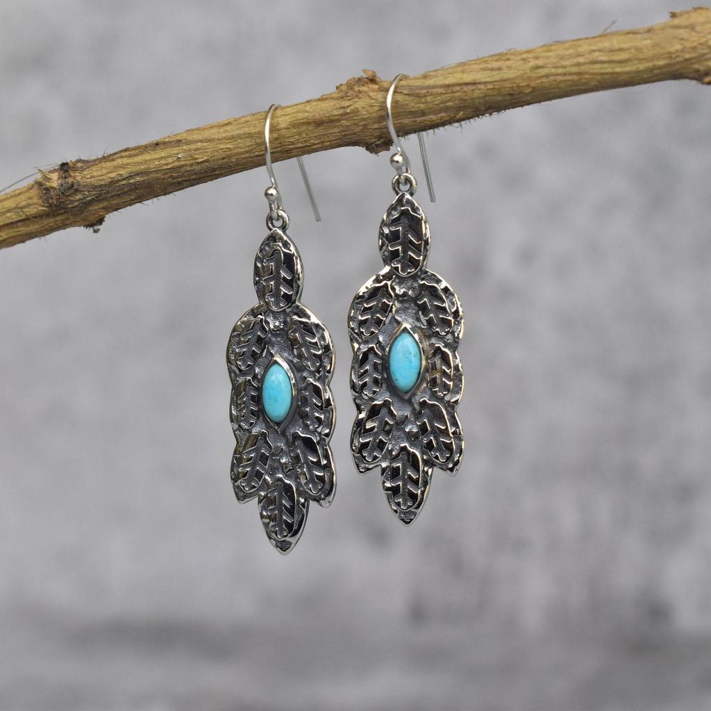 Natural Turquoise Hoop Earrings Sterling silver leafy oxidized earring Turquoise nature inspired dangle earrings for her Bridesmaid gift