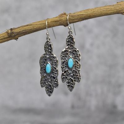 Natural Turquoise Hoop Earrings  Sterling Silver Leafy Oxidized Earring Turquoise Nature Inspired Dangle Earrings for Her Bridesmaid Gift