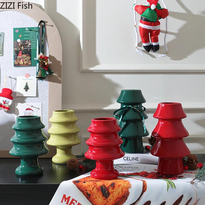 Creative Xmas Decorative Ceramic Vase Christmas Tree Shape Vases Table Decoration Flowers Arrangement Room Aesthetic Decor