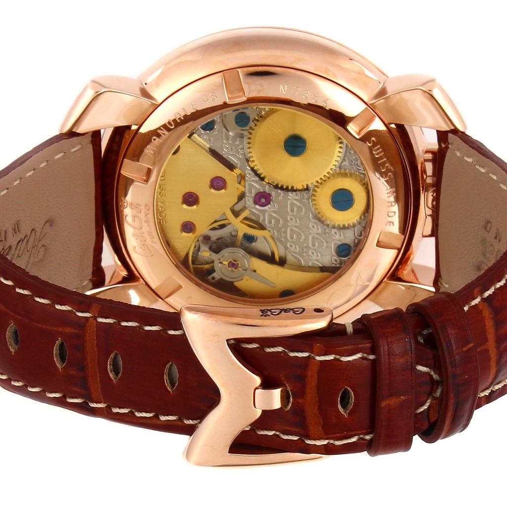 GaGa Milano Manuale Uhr, Weißes Zifferblatt, Handaufzug, Skelett-Gehäuseboden, 501106S-BRW, Braun