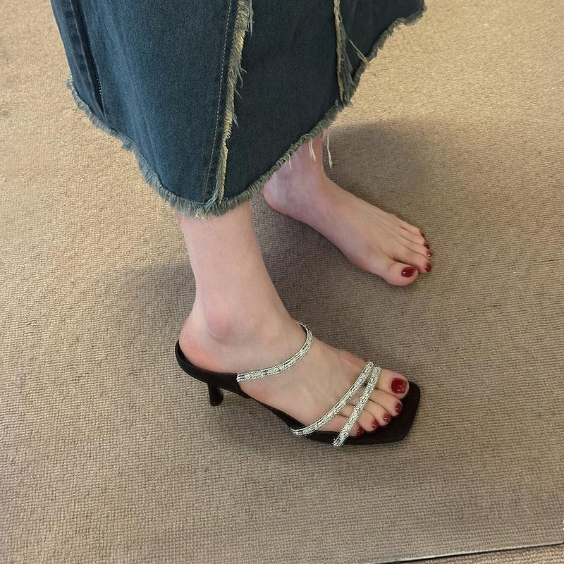 

Модные французские высококлассные туфли-шлепанцы на высоком каблуке, украшенные стразами, для женщин, новинка лета 2025 года, с изящным и элегантным стилем 35 чёрный