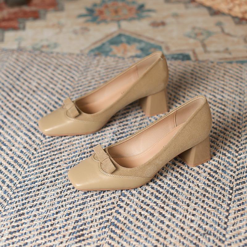 8-1 retro light mouth thick heel single shoes square head sweet wind bow high heels suede bride shoes