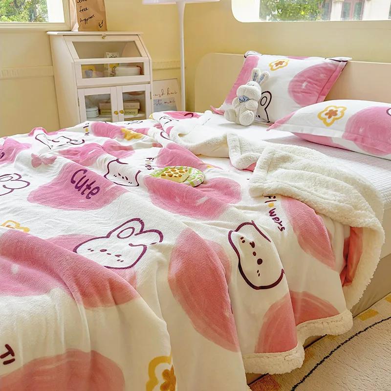 Winter Cartoon Printed Lamb Wool Blanket Thick and Warm Coral Fleece Blanket for Office Napping Fluffy Soft Plush Bedspread