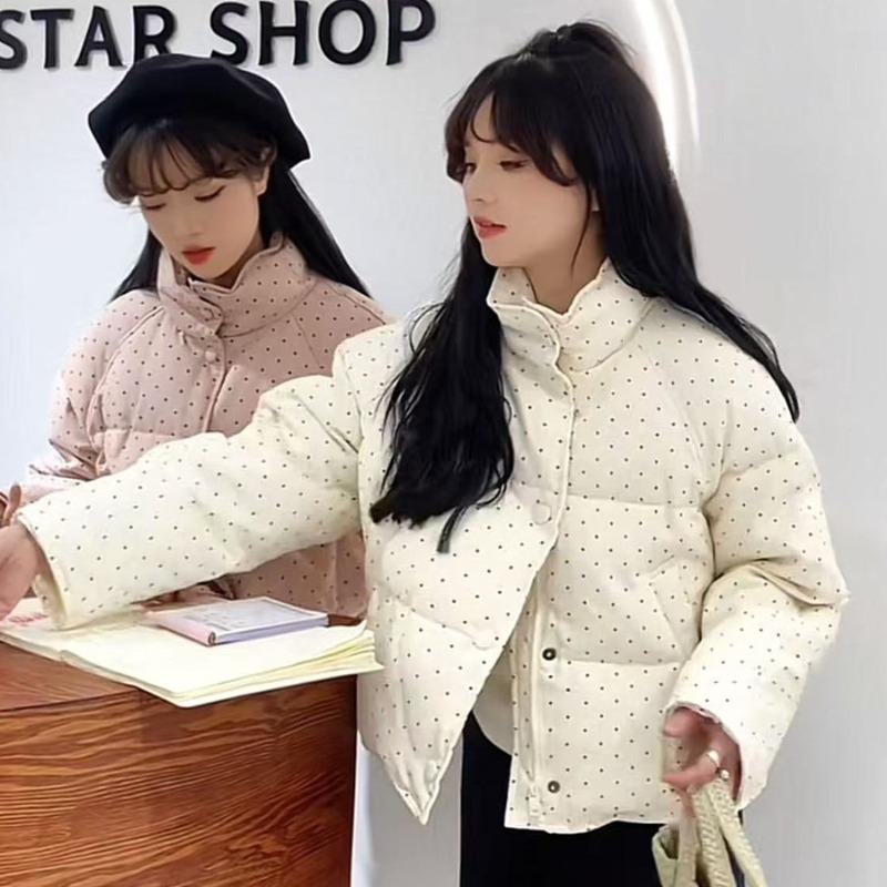 Nischen-Polka-Dot-Daunen-Baumwolljacke für Damen, kurz, Winter, neu, vielseitig, süß, kleine Baumwolljacke