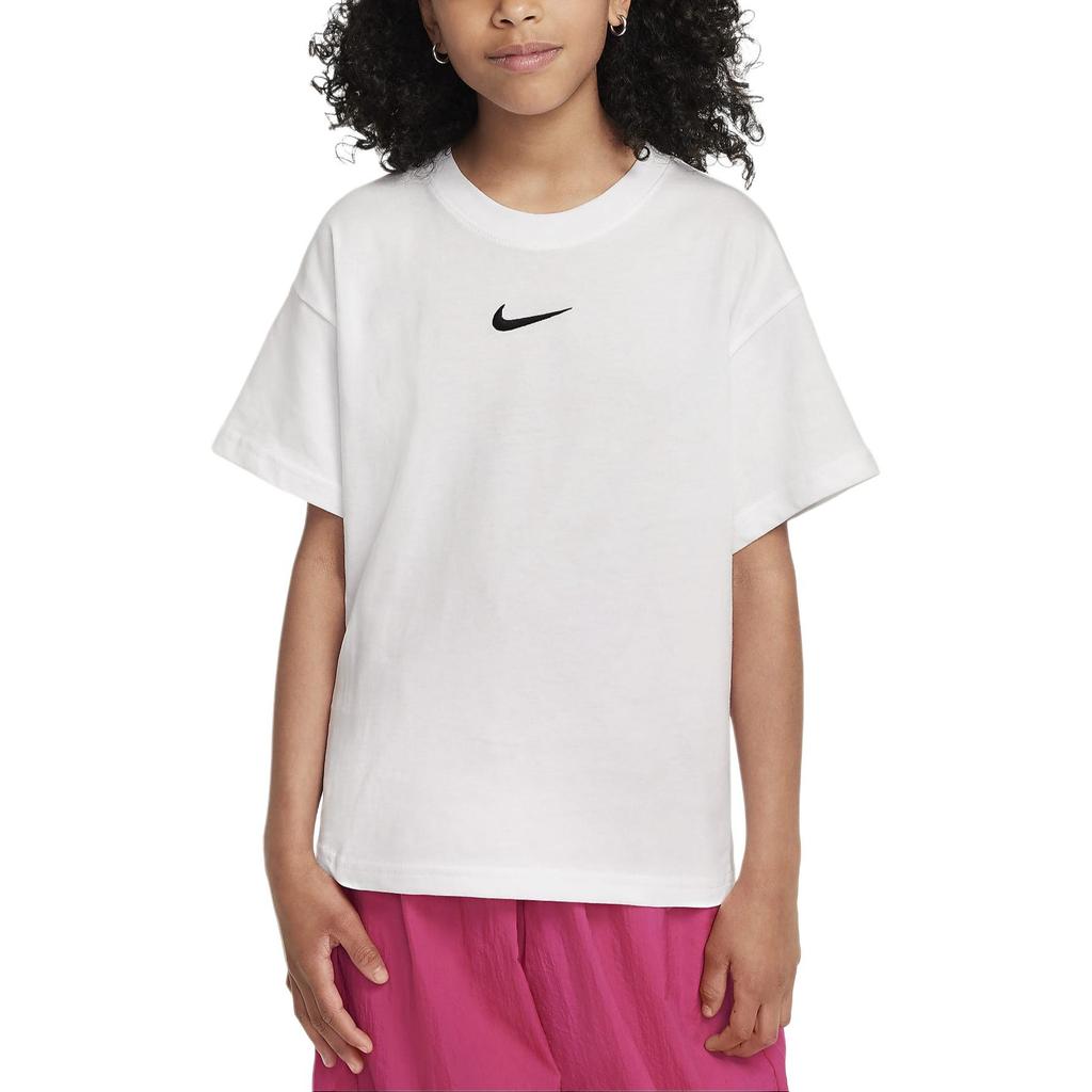 Nike Měkký Volný Střih Každodenní Vyšívané Logo Kulatý Výstřih Krátký Rukáv Dětské Top Bílá FZ5539-100