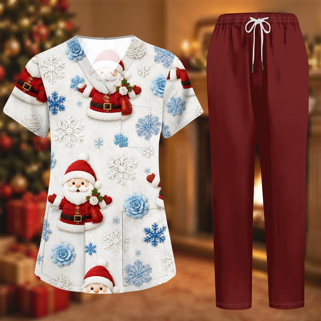 Women's Uniform Set with Short Sleeve Christmas Print Top and Pants, Two-Piece Caregiver