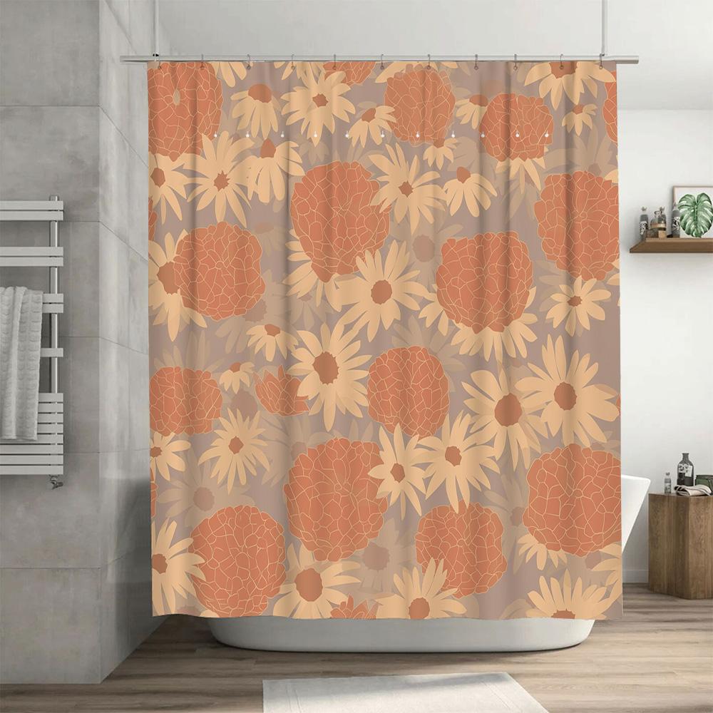 Modern Bathroom Decor Floral Print Shower Curtain with 12 Hooks Rustic Boho Style for Bathtub or Standup Shower Enclosure in Ora