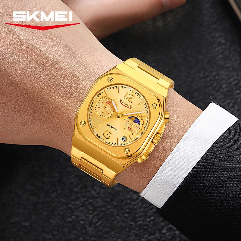 SKMEI New Design Quartz Wristwatches Men Golden Stainless Steel Watch Date Functions Luxury Clock Man