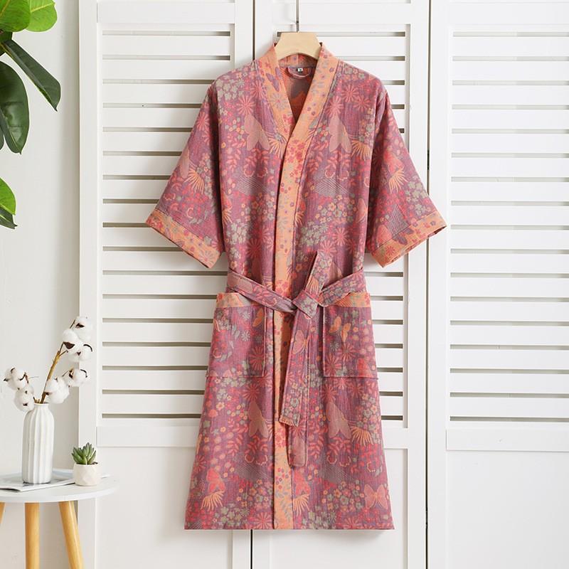 Cotton Double-layer Bathrobe, Thin Sleepwear, Home Clothes, Women's Sleeping Robe, Quick Drying Water Absorbing Yukata