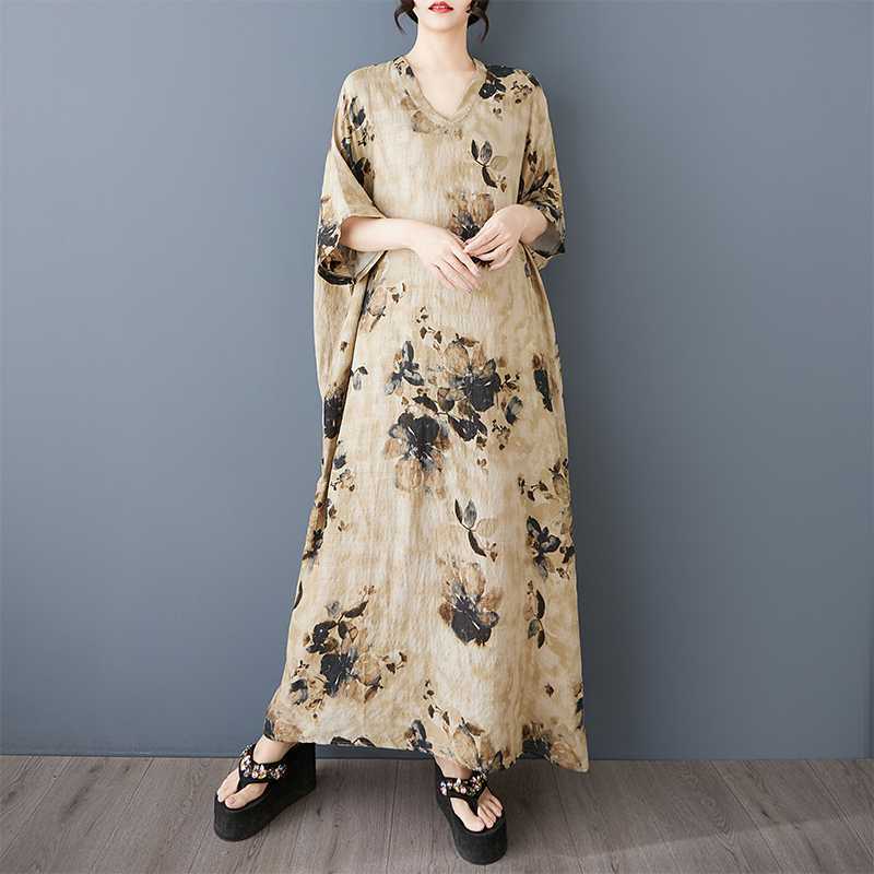 

Summer V-neck Retro Cotton and Linen Dress One Size