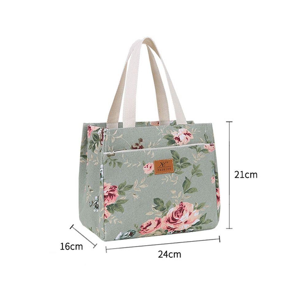 Portable Canvas Lunch Bag Floral Print Large Capacity Ice Bag Foil Lining Lunch Box Handbag for Women