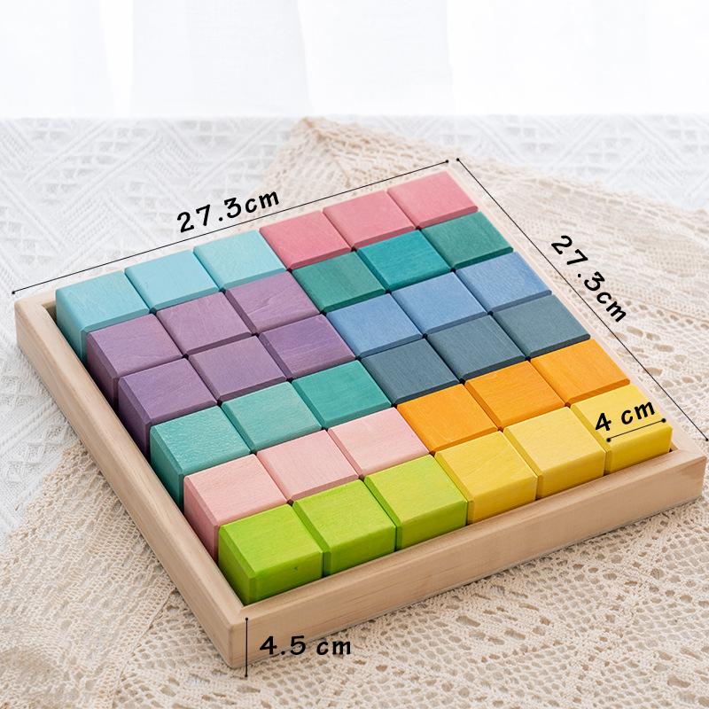 

Basswood Colorful Wooden Constructor Blocks Toy Mosaic Square Large Basic Blocks Baby Rainbow Montessori Education Stacking Game