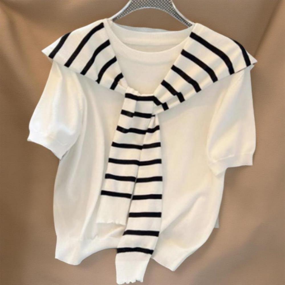 New ArrivalS Open Run Women S viScoSe Stripe Shawl Solid Short Sleeve Knit Set