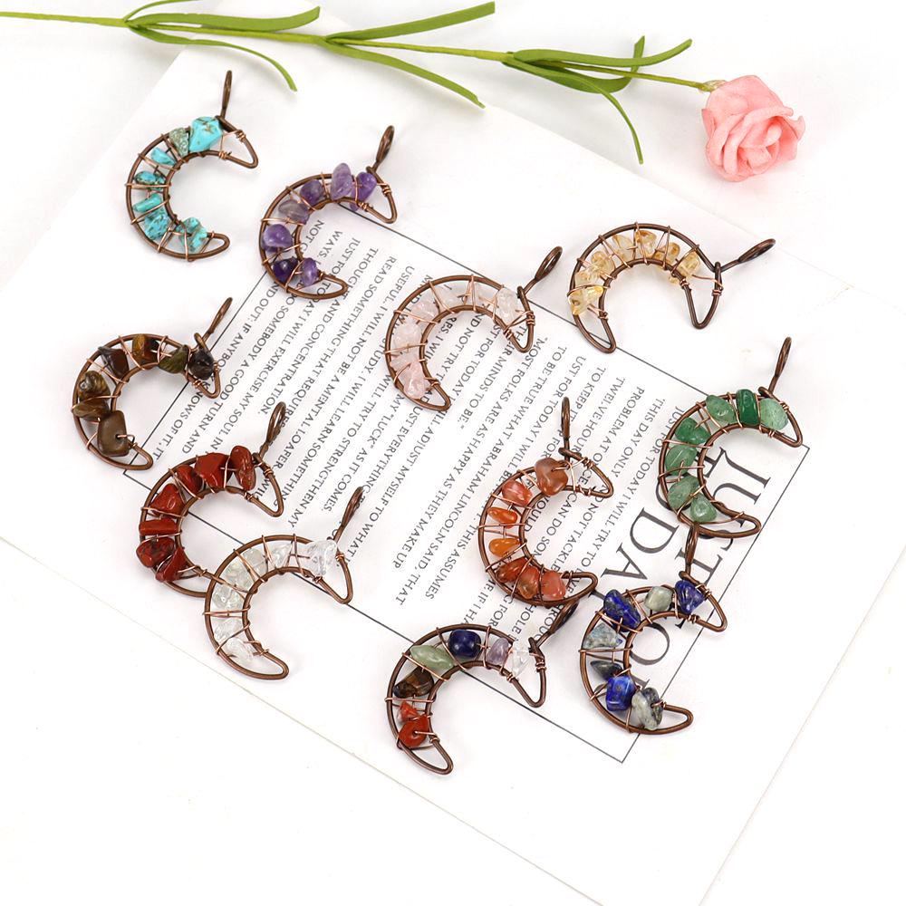 Vintage Handmade Wire-Wrapped Amethyst Moon Pendant Necklace with Colorful Crushed Stone Beads