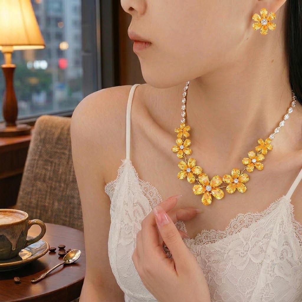 Zircon Lemon Yellow Necklace & Earrings Set: European-American Style, Blossom Design, Clavicle Chain