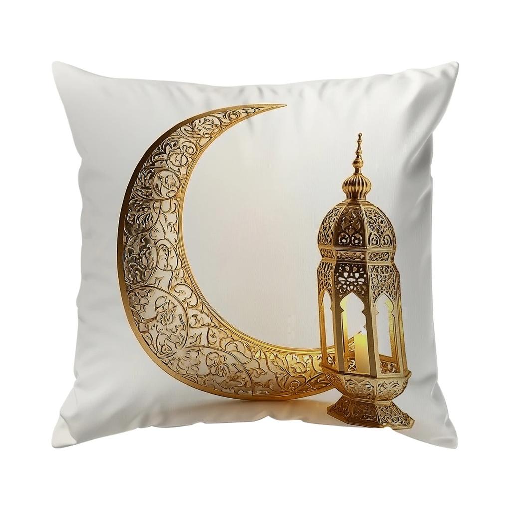 Short Plush Material Pillowcaseramadan Decoration Pillow Cover Crescent Moon Fasting Lamp Pattern Printing Home Room Living Room