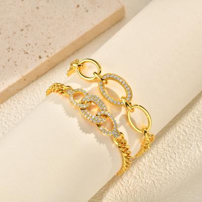 Geometric Link Chunky Chain Bracelets for Women, Zircon Pave Gold Plated Stackable Jewelry, Fashion Party Gift Accessories