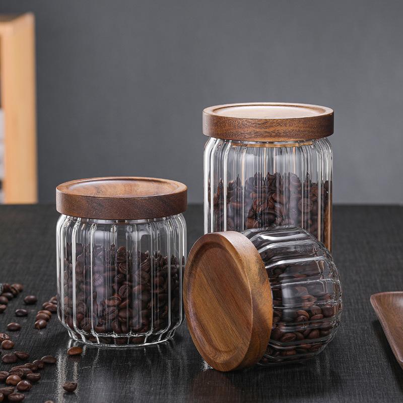 Lattina da tè con coperchio in legno di acacia verticale, contenitore sigillato per chicchi di caffè, contenitore per la conservazione in cucina e in casa