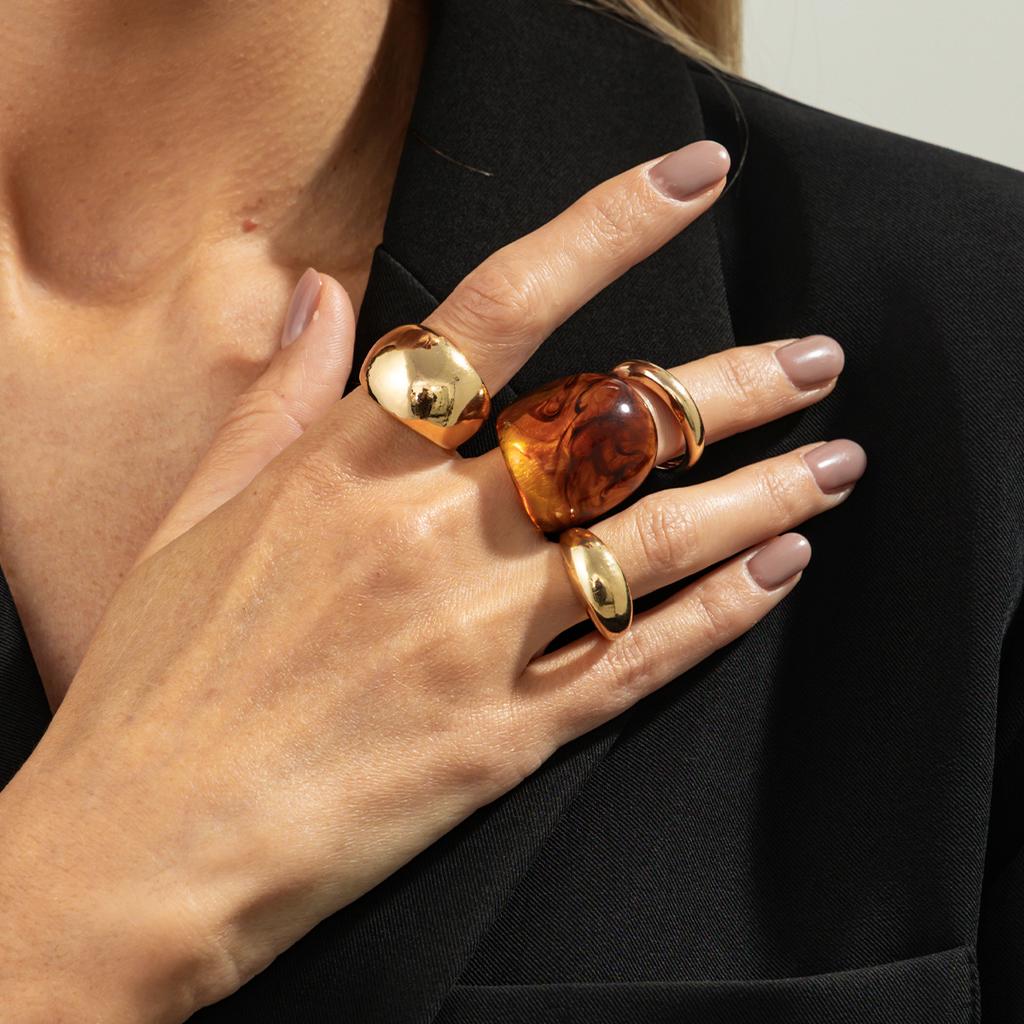 Mode Metall Glansig Enkel Ring Öppen Ring Set, Överdriven Smuts Harts Bred Ring