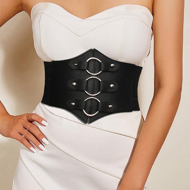 Women Corset Belt Metal O-Ring Heart-Ring Wide Elastic Waspie Waist Belt for Daily