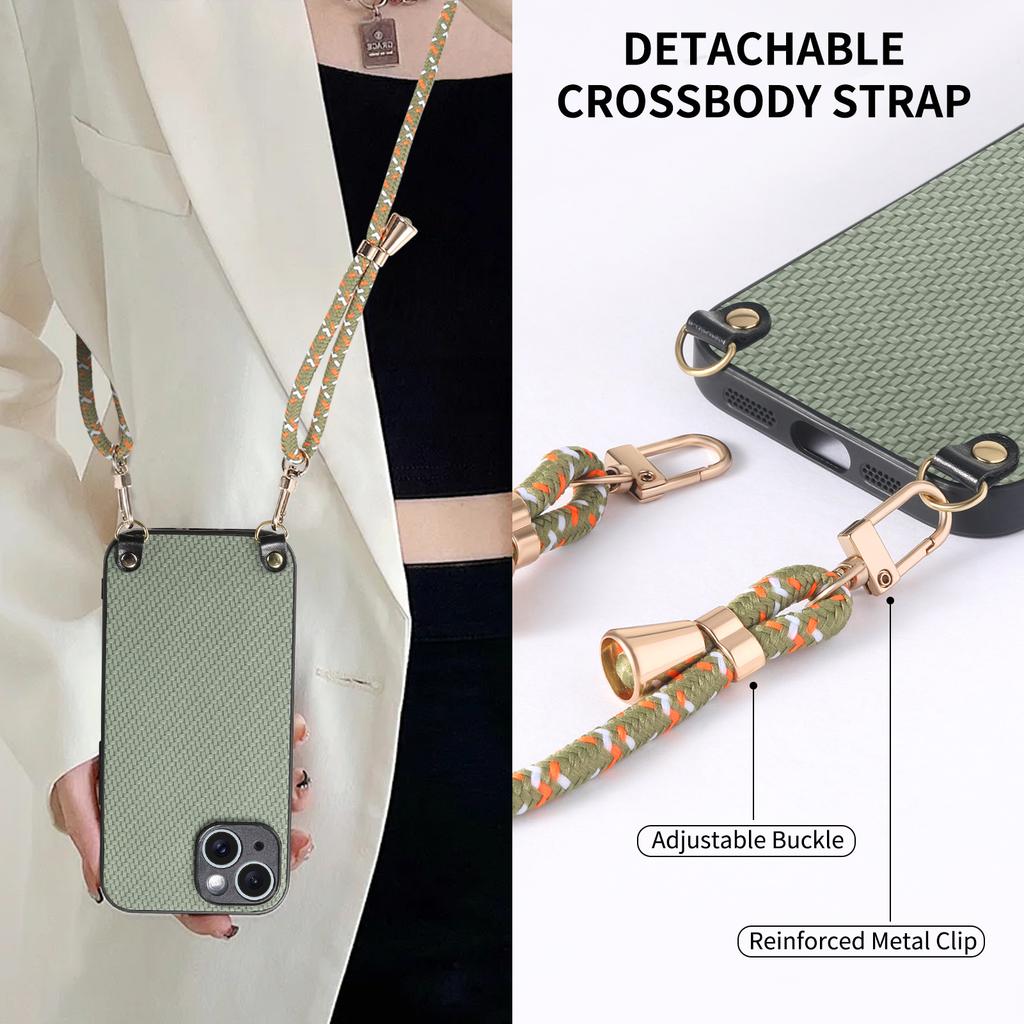 Aramid Fiber Pattern Leather Phone Case for iPhone 17 Air 16 15 Pro Max 16e 14 Plus 11 12 13 Chain Crossbody Lanyard Cover XL012