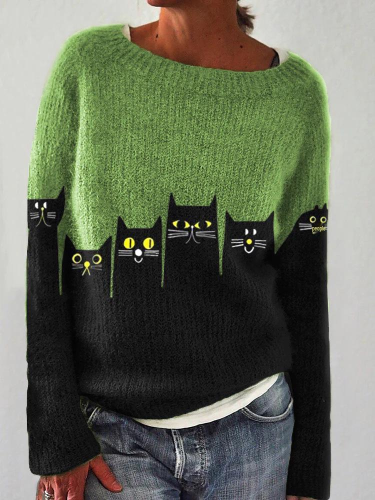 Women's European & American Color Block Round Neck Knit Sweater - Loose, Fashionable Pullover.
