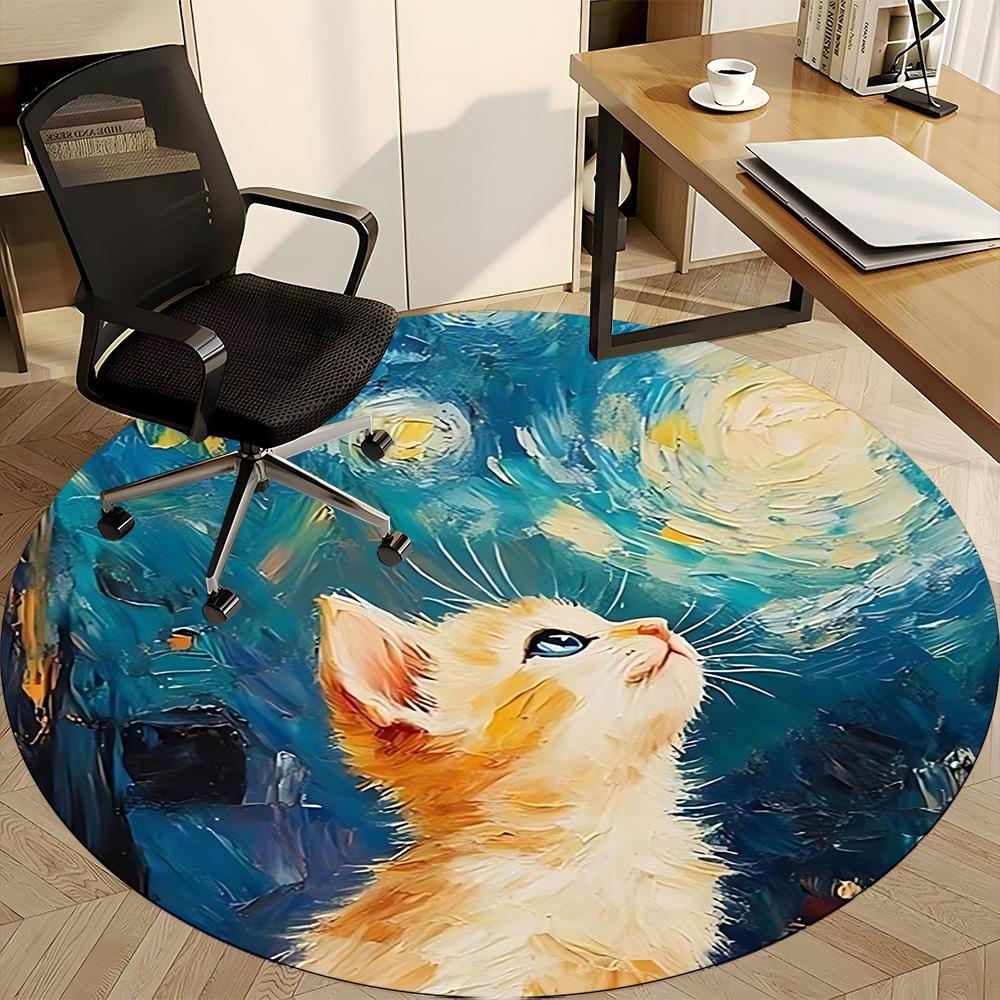 1pc Cat Night Office Round Area Rug, Mat Suitable For Office, Under Office Chairs Bedroom Living Room Home Decor, Room Deco