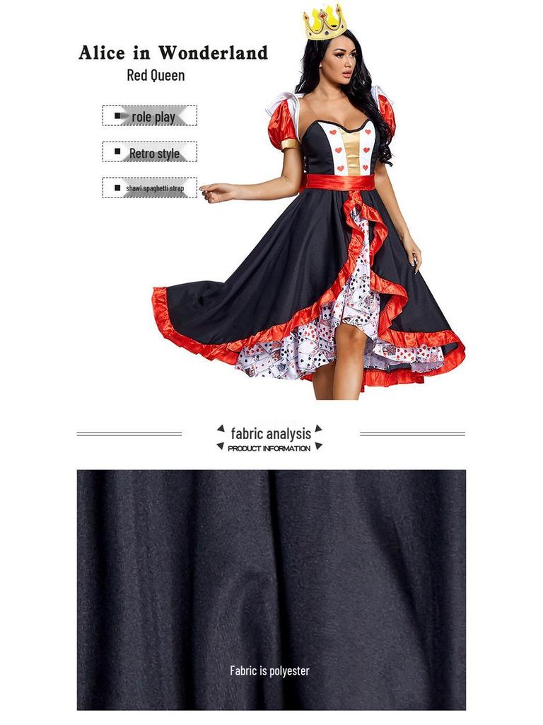Red Queen Playing Card Costume with Cape and Full Skirt for Halloween and Stage Performance