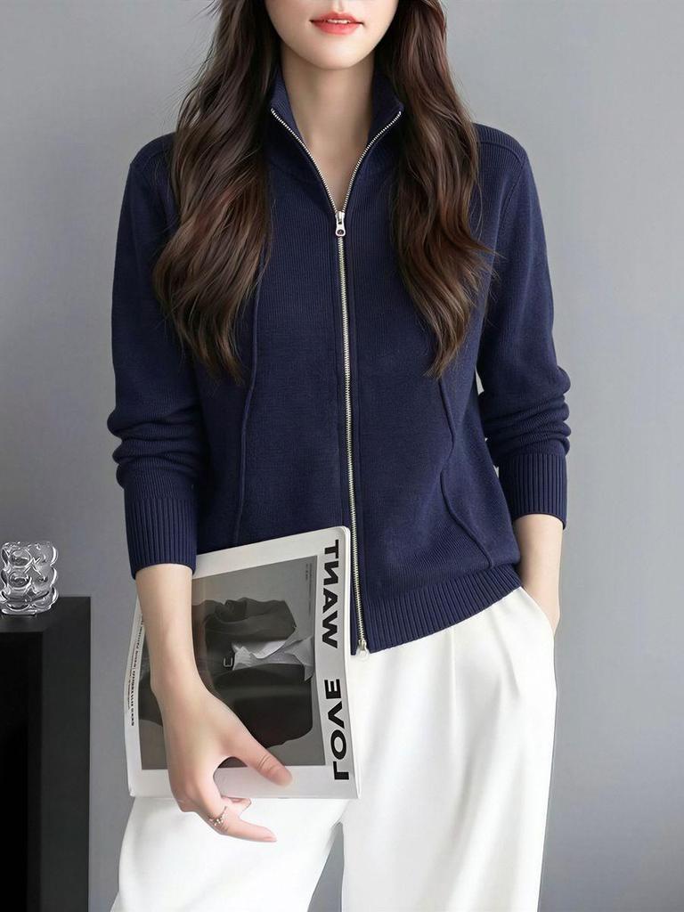 Korean Style Stand Collar Double Zipper Knit Sweater – Fashionable, Versatile, Loose Fit Long Sleeve Top for Women.