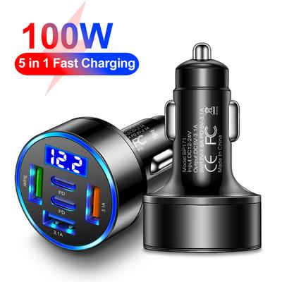 Cargador de Coche de 100W 5 Puertos Carga Rápida PD QC3.0 USB C Cargador de Teléfono para Coche Adaptador Tipo C en Coche Para iPhone Samsung Xiaomi