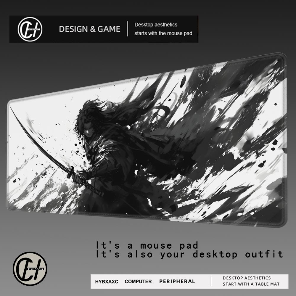 HYBXAXC Ink Warrior Mouse Pad XXL Anime Samurai Rug Gaming Pc Accessories 40x90cm Office Desks Aesthetic Mousepad Table Cushion
